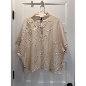 NWT Chico's Cashmere Blend Sequin Floral Poncho Sweater Cream S/M Soft Knit